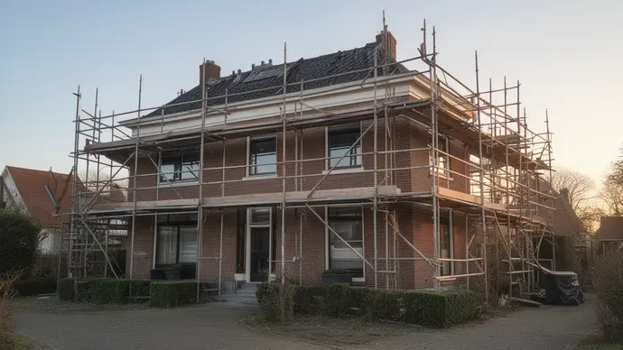 Bakstenen woning in de steigers tijdens een verbouwing