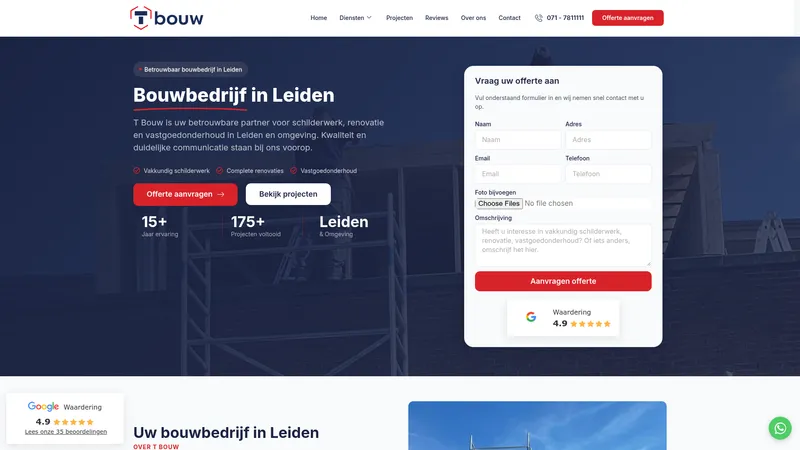 Website van Bouwbedrijf Leiden | T Bouw