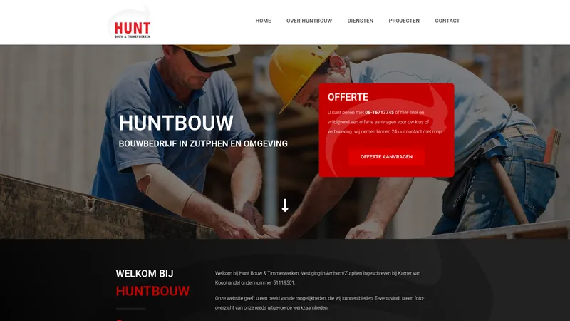 Website van HUNT bouw & timmerwerken